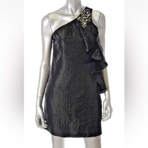 Alexia Admor Black Taffeta Ruffle Embellished One-Shoulder Shift Dress XS